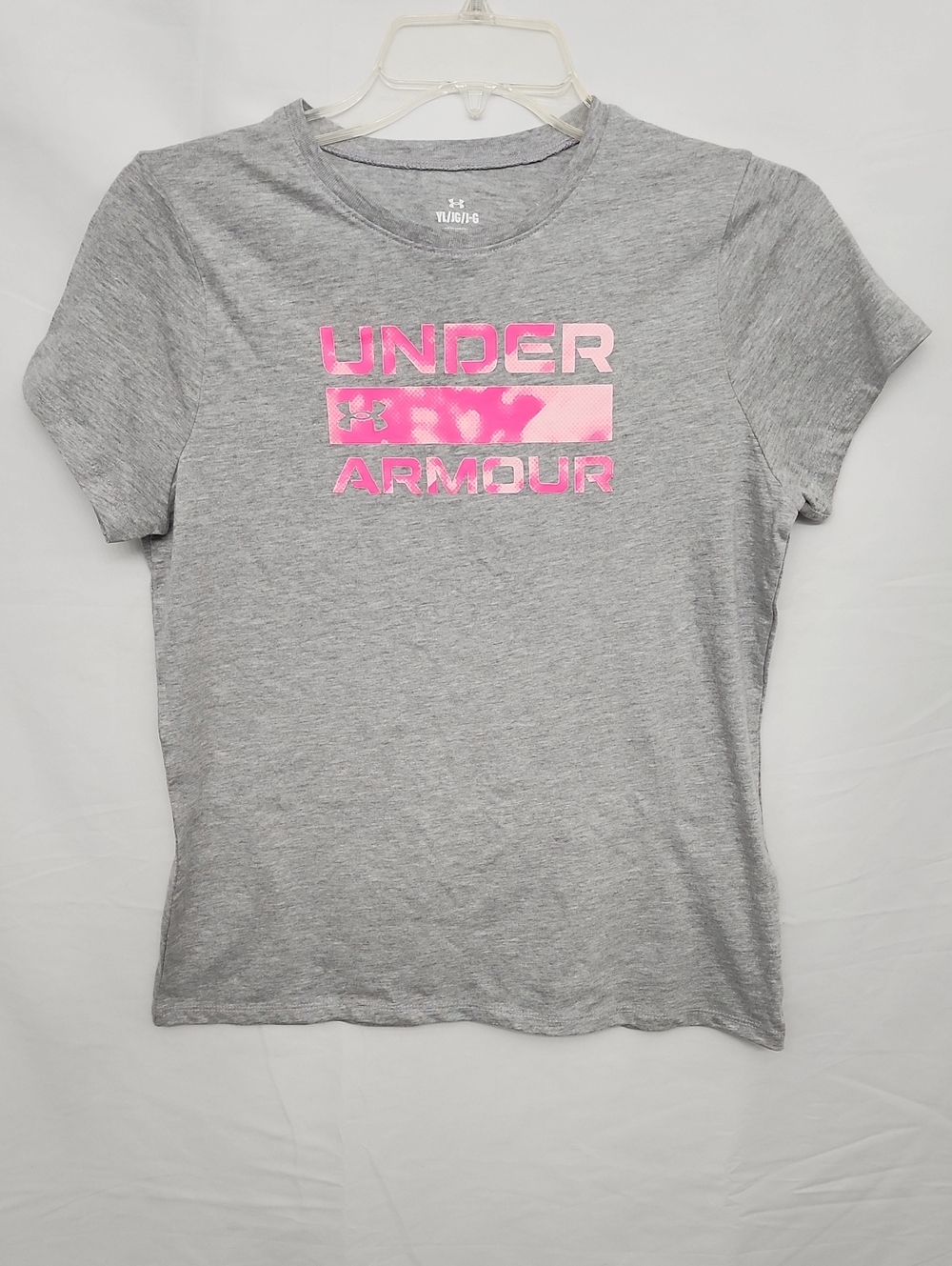 Under Armour Youth Large Light Gray Tee with Pink Logo New Without Tag